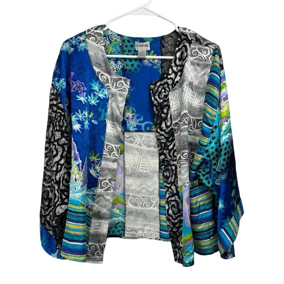 Chico’s Size 2 L Multi-Print Silk Blend Kimono Sleeve Open Front Cardigan Artsy - Picture 1 of 9